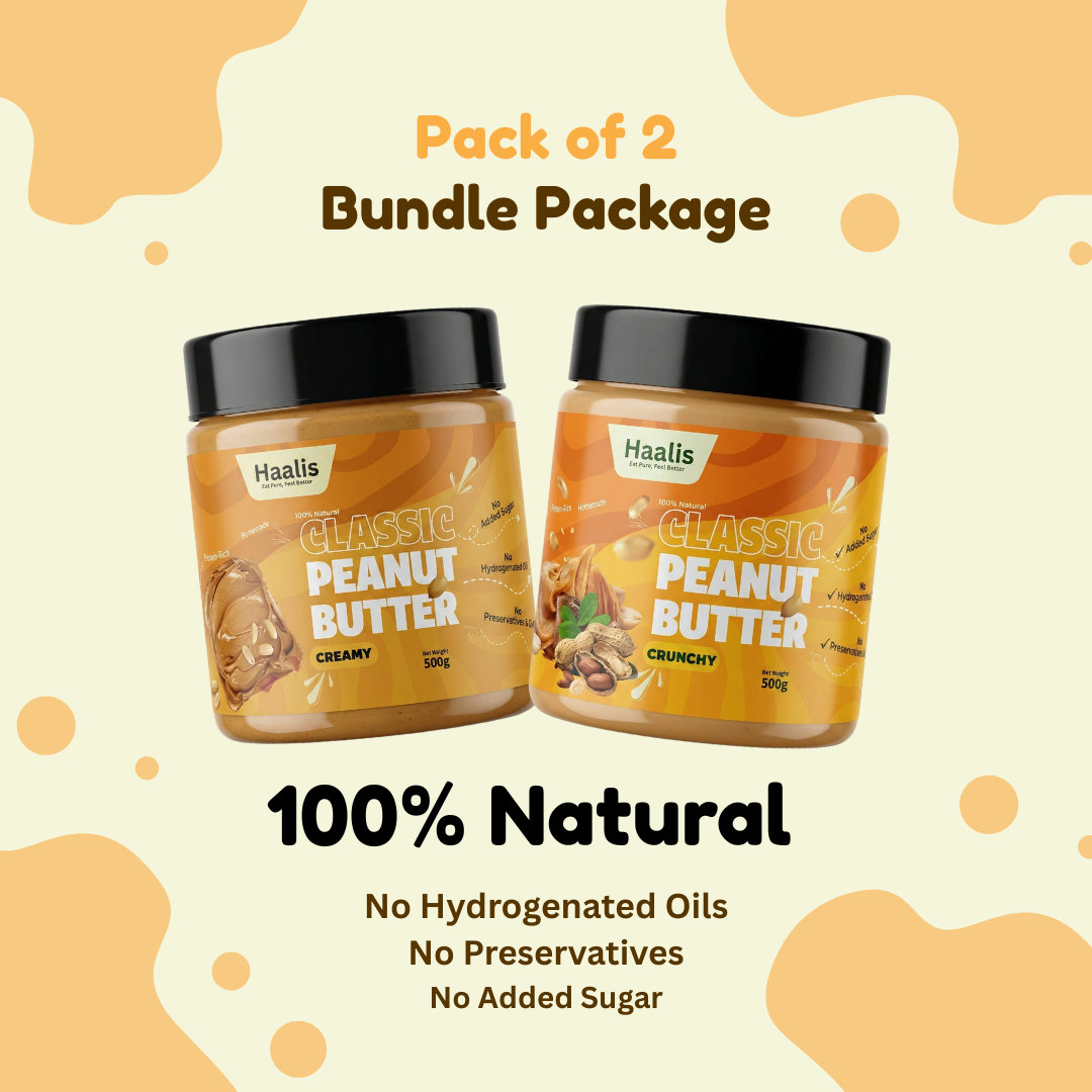 Classic (Unsweetened) Peanut Butter Creamy + Classic (Unsweetened) Peanut Butter Crunchy - Pack of 2 - 500g (Each)