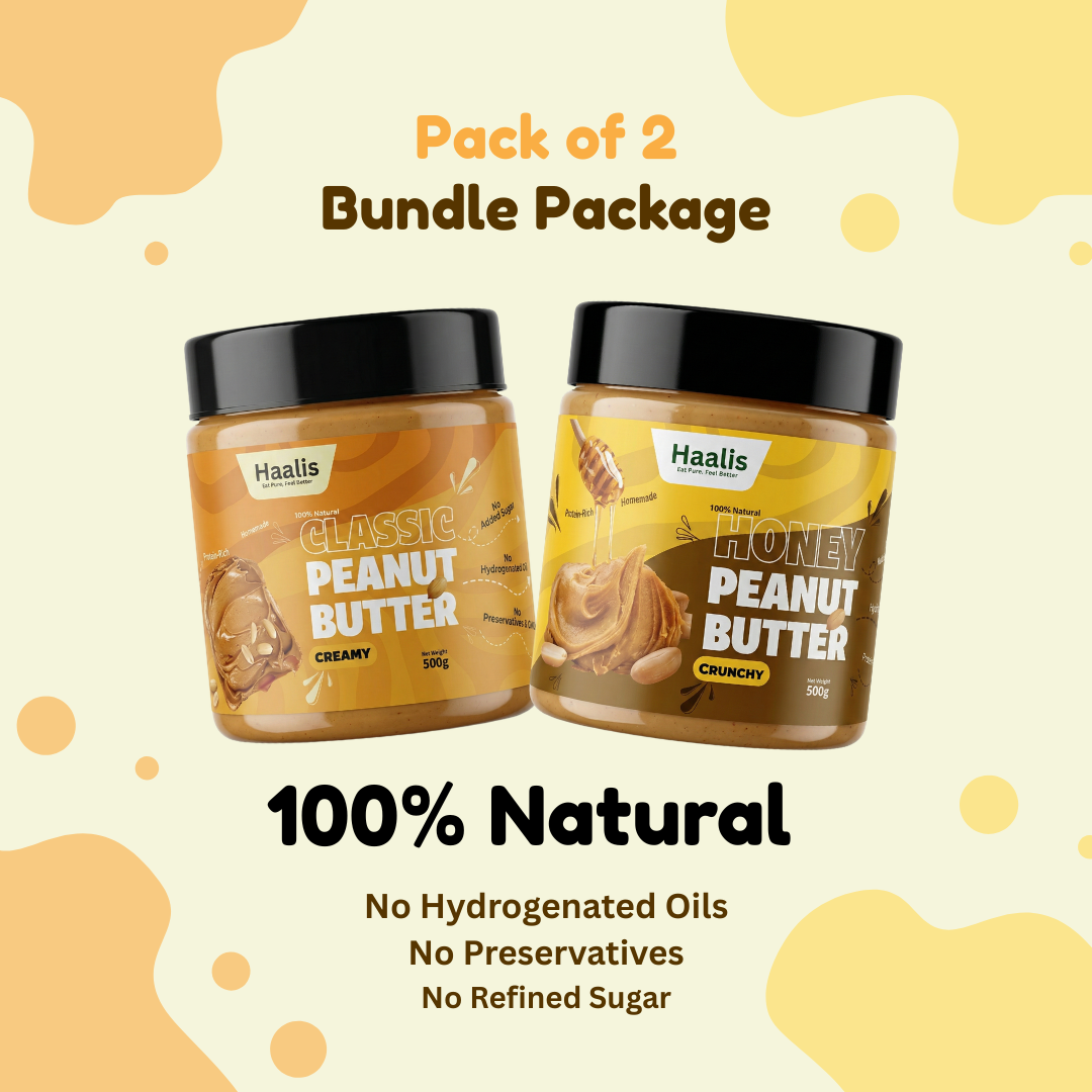 Classic (Unsweetened) Peanut Butter Creamy + Honey Peanut Butter Crunchy - Pack of 2 - 500g (Each)