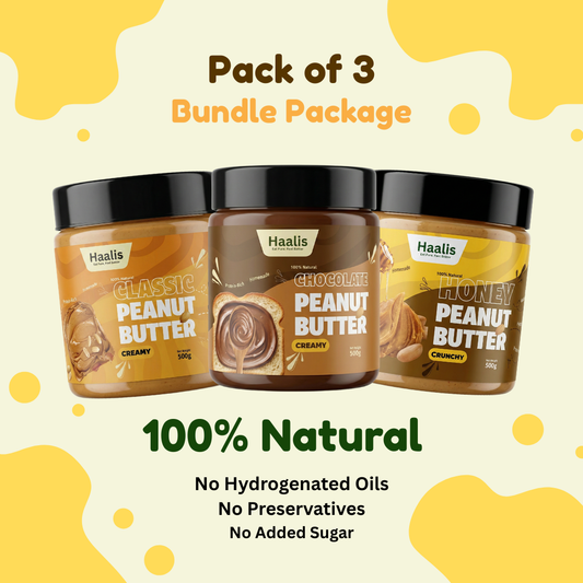 Classic (Unsweetened) Peanut Butter Creamy + Honey Peanut Butter Crunchy + Chocolate Peanut Butter Creamy - Pack of 3 - 500g (Each)