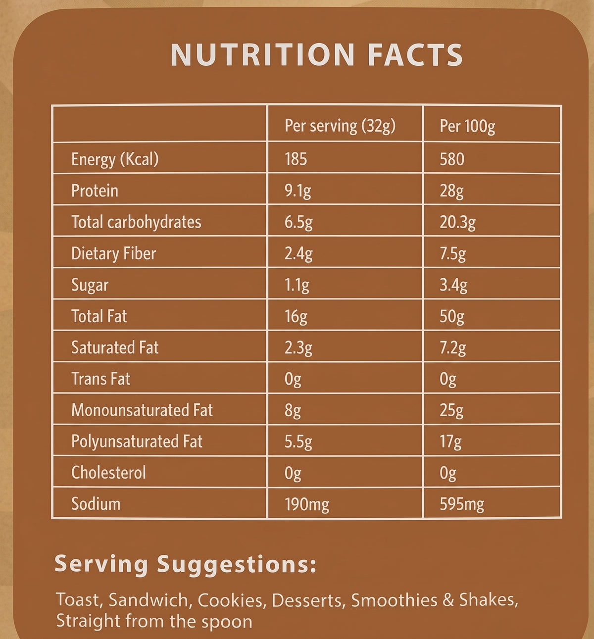 Haalis Peanut Butter nutrition facts label showing protein, fat and sugar content per serving